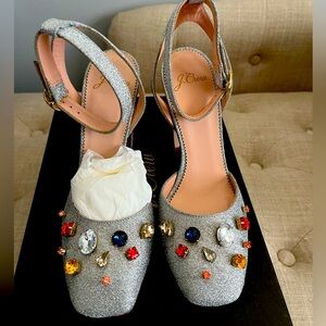 J.Crew Vicky Silver Glitter Heels With Jewels (NIB)
